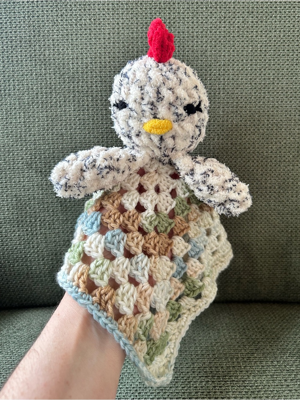 Handmade crochet chicken granny square blanket baby lovey